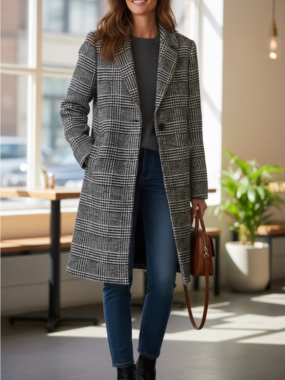 Ambiance Outerwear long coat checkered Black White Glen Plaid Small Winter layer
